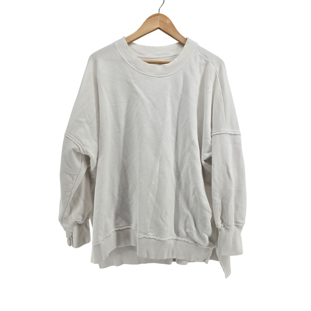 Aerie Sweatshirt Womens S Oversized Slouchy White Crew Neck Raw Edge EUC
